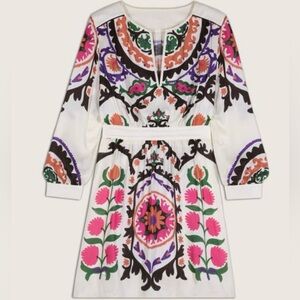 NWT BA&SH ($412USD) Fedora Scarf Print Long Sleeve Mini Dress In Ecru